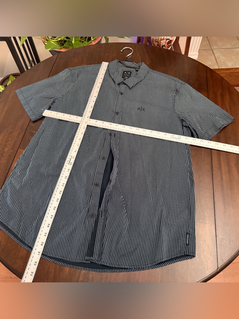 Armani Exchange Navy Short-Sleeve Micro-Pattern Button-Down Shirt